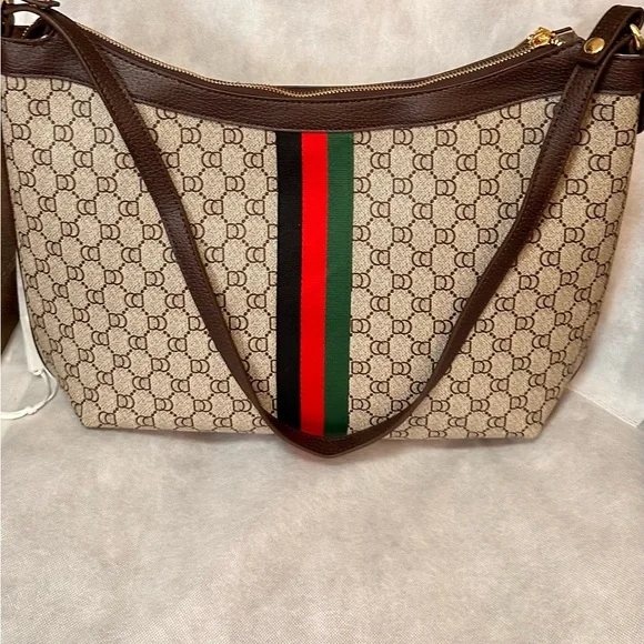 Designer Brown and Green Patterned Shoulder Bag - New - Picture 3 of 9